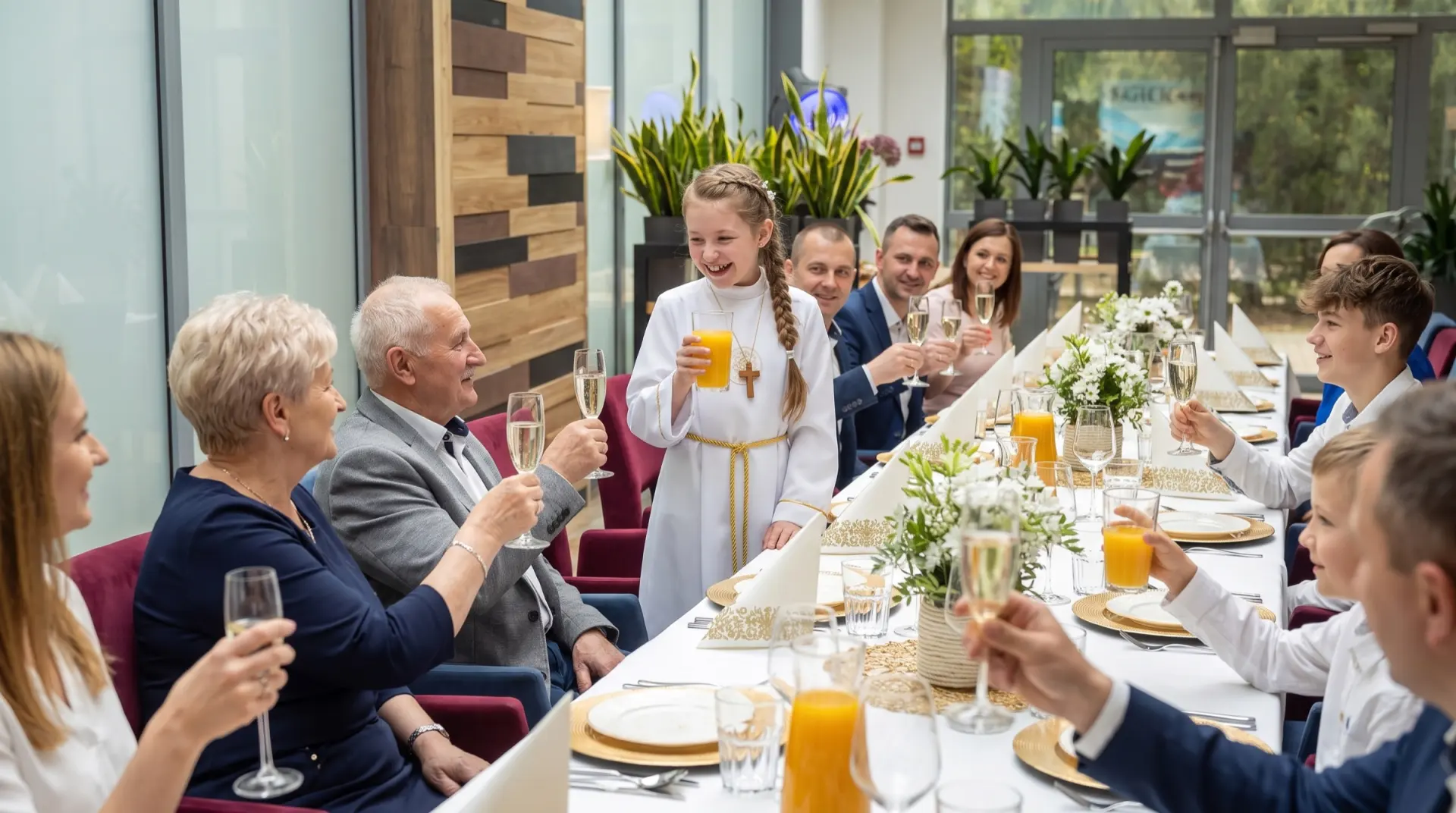 Rodzina wznosi toast przy stole komunijnym, dziewczynka w albie stoi pośrodku stołu